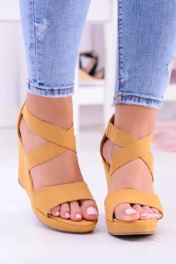 Damskie Boto Wygodne Damskie Żółte Sandały Koturny Mirabet