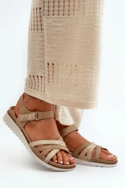 INBLU Sandały Na Koturnie|Sandały Płaskie*Wygodne I Lekkie Sandały Damskie Na Rzep CN000041 Beżowo-Złote