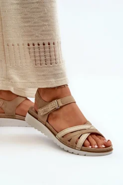 INBLU Sandały Na Koturnie|Sandały Płaskie*Wygodne I Lekkie Sandały Damskie Na Rzep CN000041 Beżowo-Złote