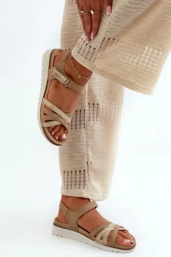 INBLU Sandały Na Koturnie|Sandały Płaskie*Wygodne I Lekkie Sandały Damskie Na Rzep CN000041 Beżowo-Złote