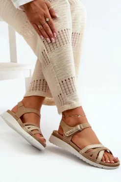 INBLU Sandały Na Koturnie|Sandały Płaskie*Wygodne I Lekkie Sandały Damskie Na Rzep CN000041 Beżowo-Złote