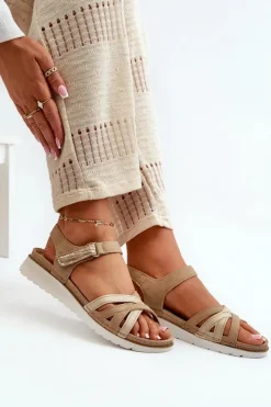 INBLU Sandały Na Koturnie|Sandały Płaskie*Wygodne I Lekkie Sandały Damskie Na Rzep CN000041 Beżowo-Złote