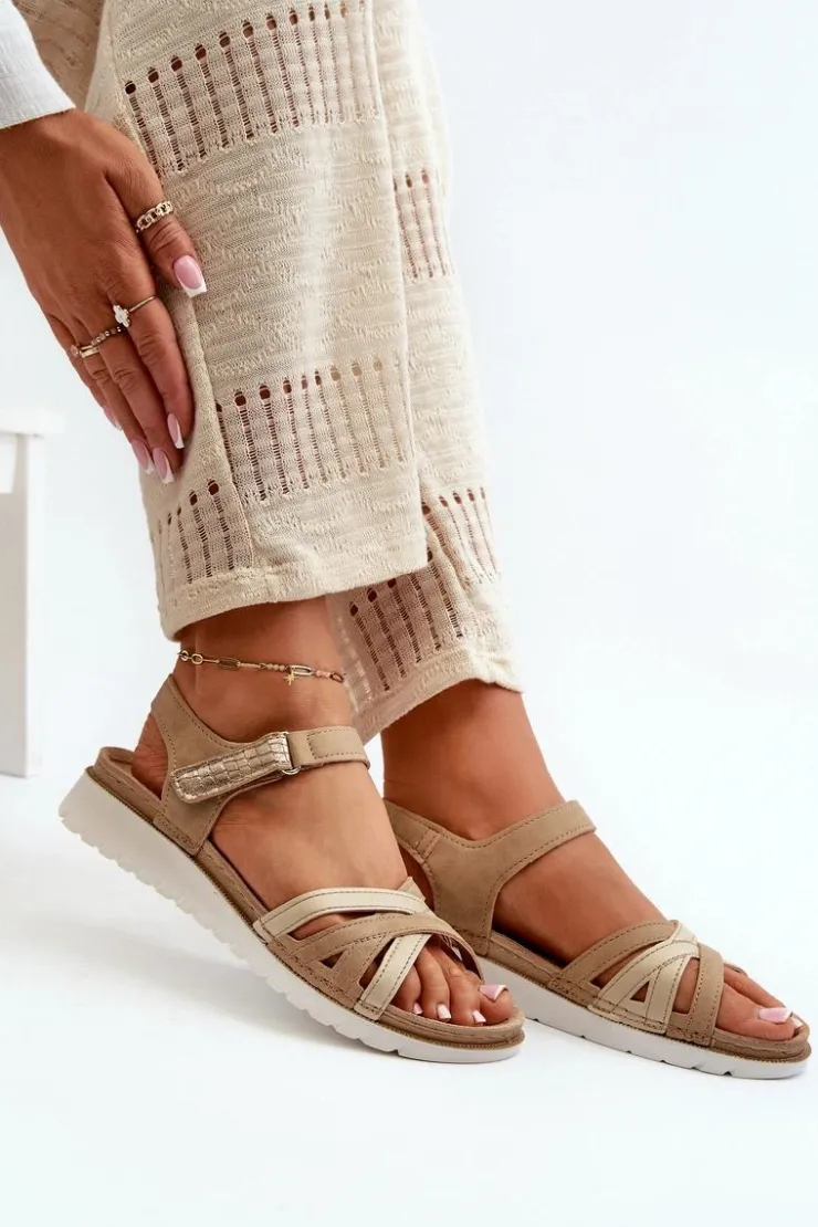 INBLU Sandały Na Koturnie|Sandały Płaskie*Wygodne I Lekkie Sandały Damskie Na Rzep CN000041 Beżowo-Złote