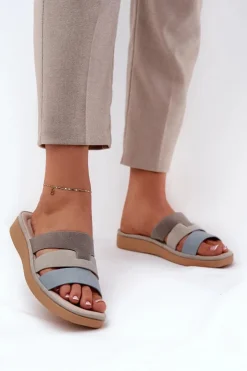 Discount Evento Wygodne Klapki Damskie Beżowo-Niebieskie Oxena