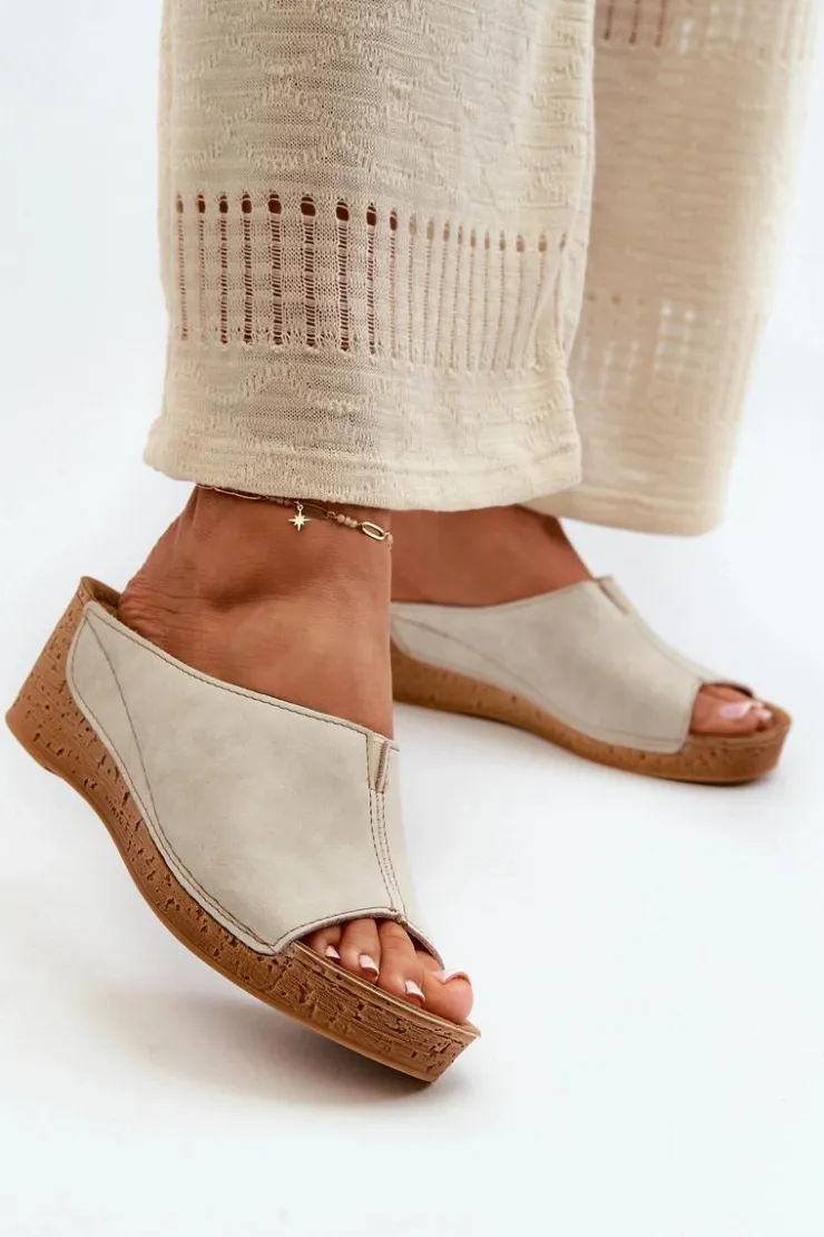 INBLU Klapki Na Koturnie|Klapki Na Obcasie*Wygodne Klapki Damskie Na Koturnie NG000002 Beżowe Beżowy