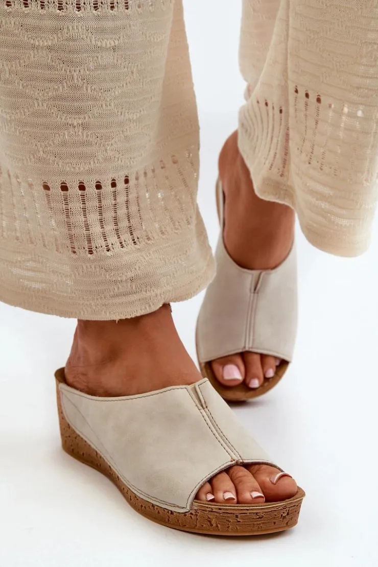 INBLU Klapki Na Koturnie|Klapki Na Obcasie*Wygodne Klapki Damskie Na Koturnie NG000002 Beżowe Beżowy