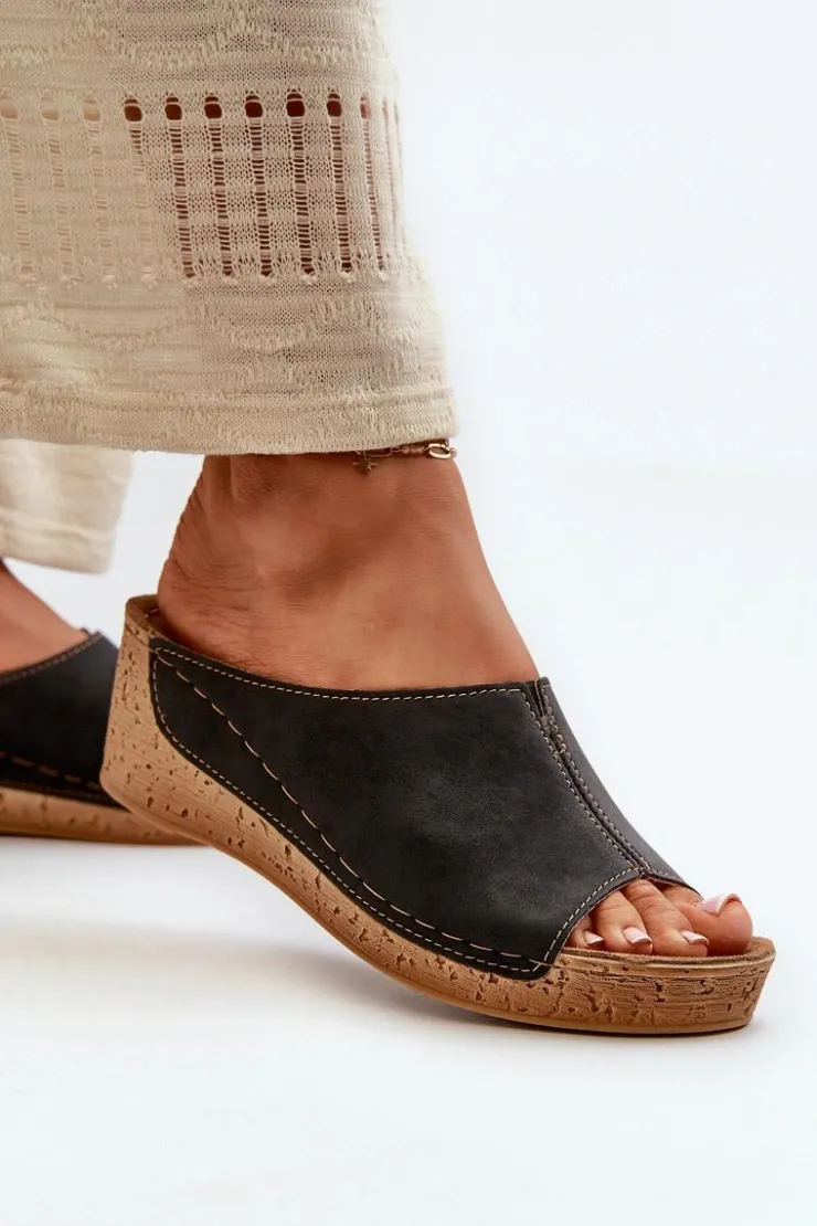 INBLU Klapki Na Obcasie|Klapki Na Koturnie*Wygodne Klapki Damskie Na Koturnie NG000002 Czarne Czarny