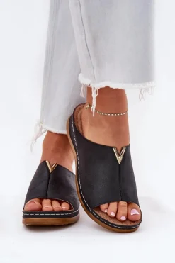 Damskie Evento Wygodne Klapki Damskie Na Koturnie Czarne Claribelle