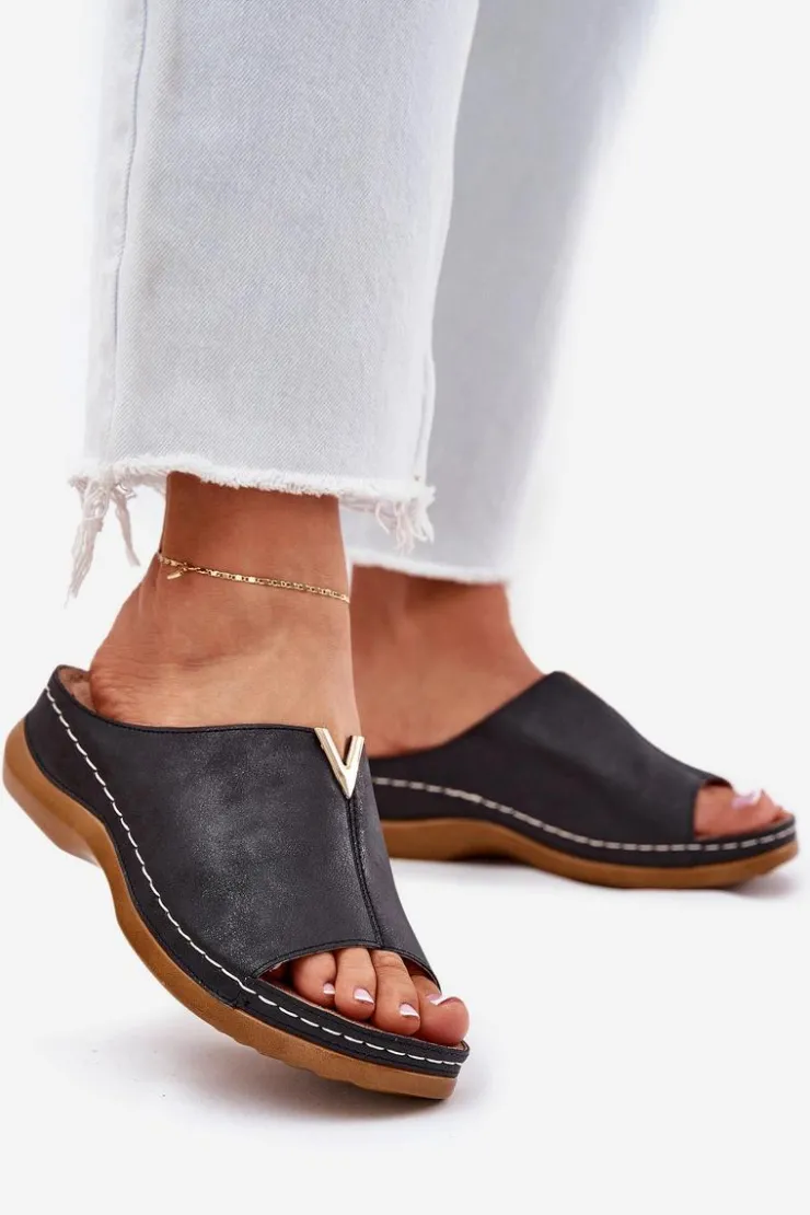 Damskie Evento Wygodne Klapki Damskie Na Koturnie Czarne Claribelle