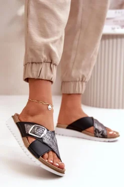 Best INBLU Wygodne Klapki Damskie Z Klamrą CN000032 Czarne Czarny