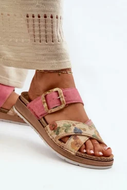 Damskie INBLU Wygodne Klapki Damskie Z Klamrą W Kwiaty GS000051 Różowe