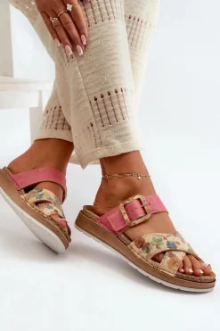 Damskie INBLU Wygodne Klapki Damskie Z Klamrą W Kwiaty GS000051 Różowe