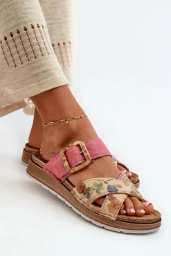 Damskie INBLU Wygodne Klapki Damskie Z Klamrą W Kwiaty GS000051 Różowe