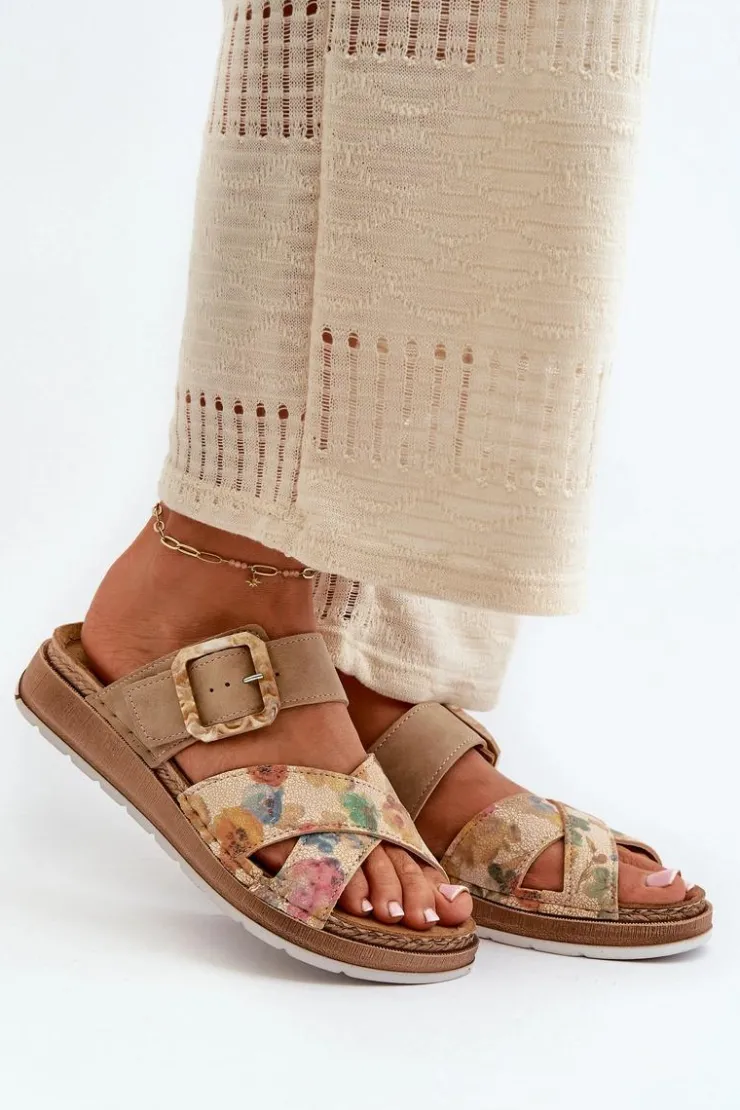 INBLU Klapki Damskie Klasyczne*Wygodne Klapki Damskie Z Klamrą W Kwiaty GS000051 Brązowe