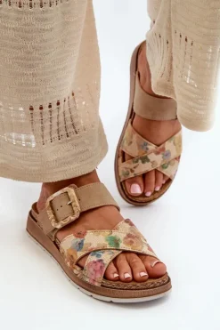 INBLU Klapki Damskie Klasyczne*Wygodne Klapki Damskie Z Klamrą W Kwiaty GS000051 Brązowe