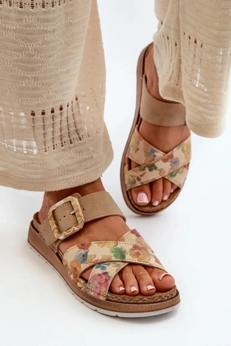 INBLU Klapki Damskie Klasyczne*Wygodne Klapki Damskie Z Klamrą W Kwiaty GS000051 Brązowe