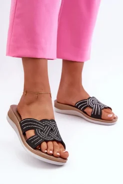 Online INBLU Wygodne Klapki Damskie Z Cyrkoniami BV000037 Czarne Czarny