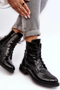 Damskie Boto Wygodne Lakierowane Ocieplane Botki Czarne Lemar Revin