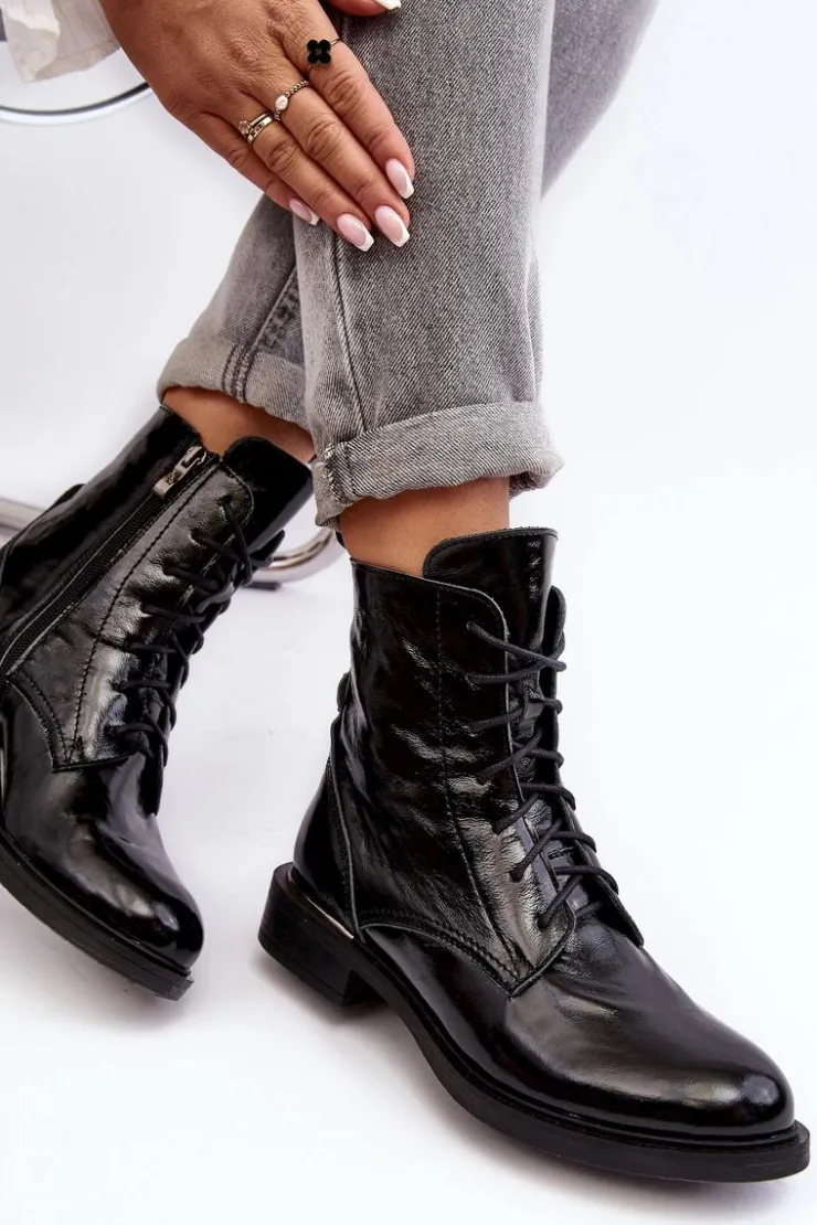 Damskie Boto Wygodne Lakierowane Ocieplane Botki Czarne Lemar Revin