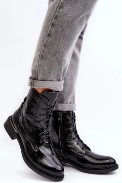 Damskie Boto Wygodne Lakierowane Ocieplane Botki Czarne Lemar Revin