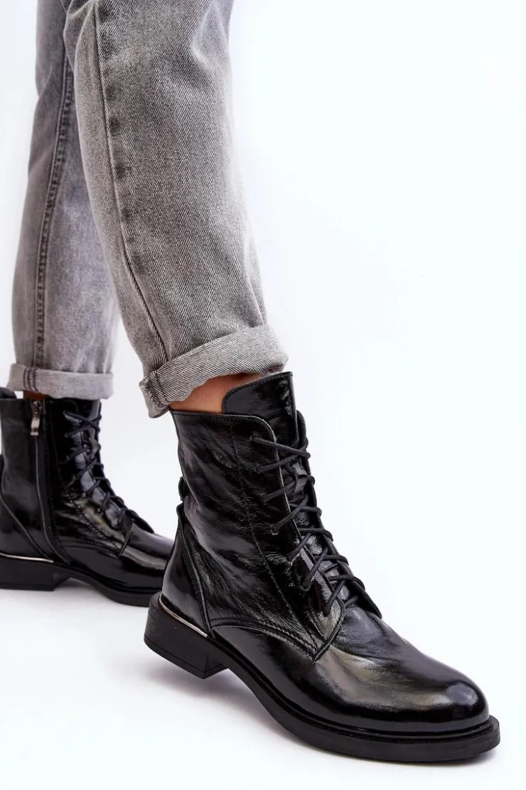 Damskie Boto Wygodne Lakierowane Ocieplane Botki Czarne Lemar Revin