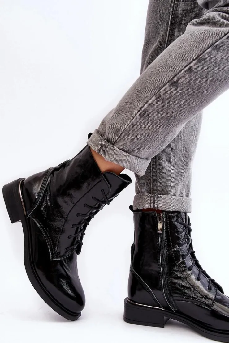 Damskie Boto Wygodne Lakierowane Ocieplane Botki Czarne Lemar Revin