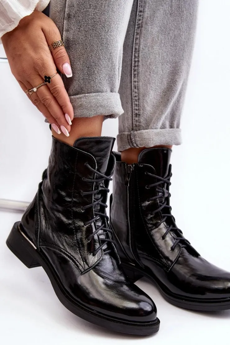 Damskie Boto Wygodne Lakierowane Ocieplane Botki Czarne Lemar Revin