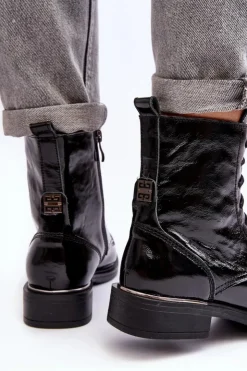 Damskie Boto Wygodne Lakierowane Ocieplane Botki Czarne Lemar Revin