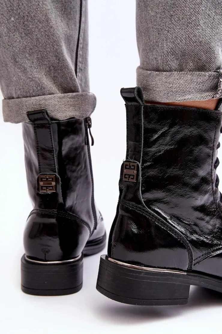 Damskie Boto Wygodne Lakierowane Ocieplane Botki Czarne Lemar Revin