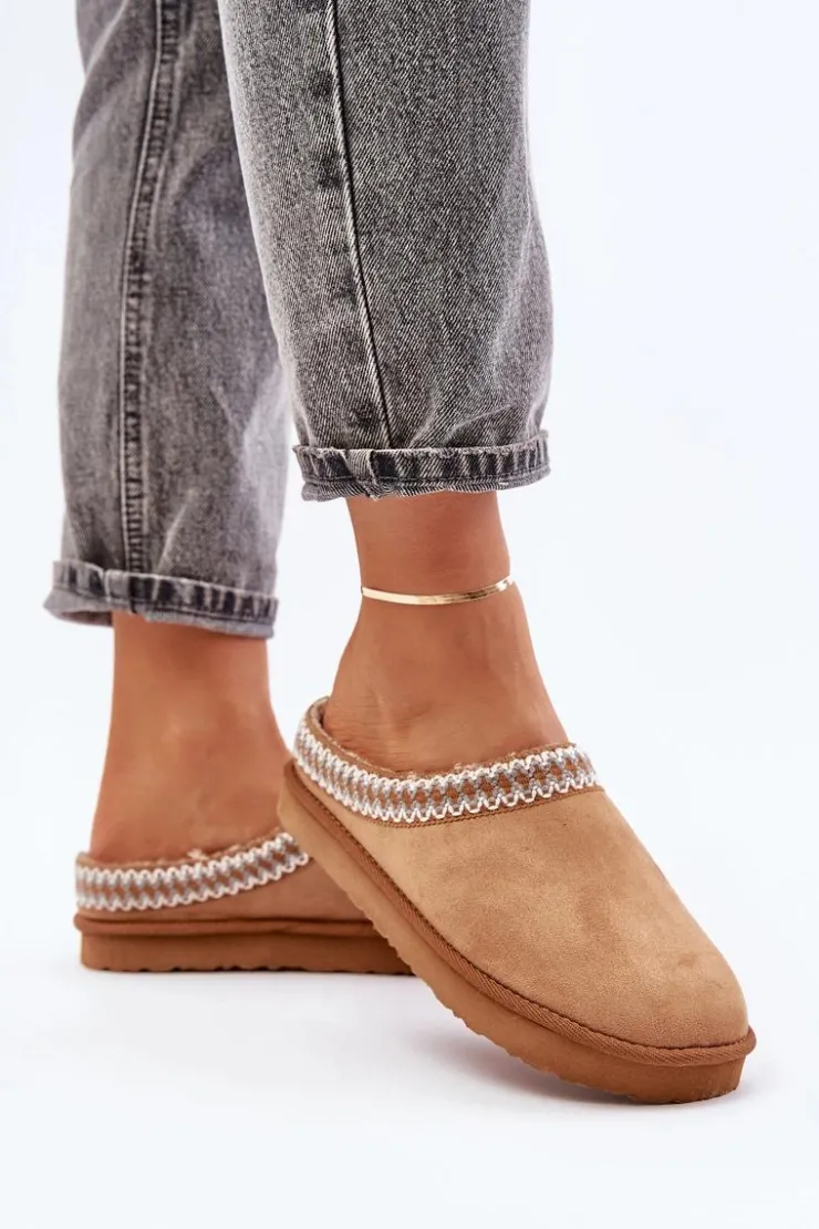 INBLU Kapcie Klasyczne|Klapki Damskie Klasyczne*Wygodne Obuwie Domowe Kapcie Z Haftem Damskie FX000021 Camel Brązowy