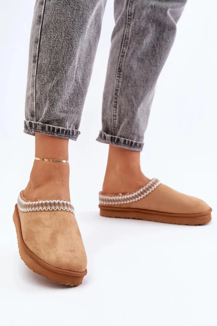 INBLU Kapcie Klasyczne|Klapki Damskie Klasyczne*Wygodne Obuwie Domowe Kapcie Z Haftem Damskie FX000021 Camel Brązowy