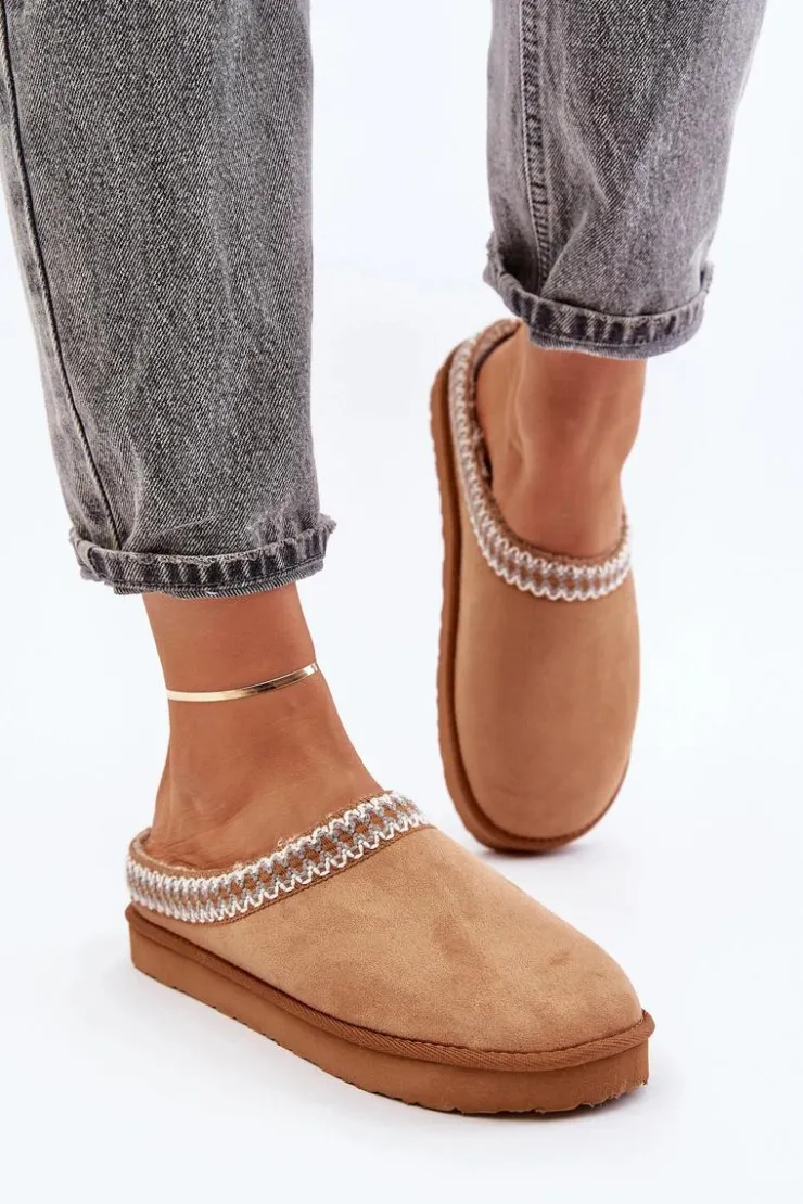 INBLU Kapcie Klasyczne|Klapki Damskie Klasyczne*Wygodne Obuwie Domowe Kapcie Z Haftem Damskie FX000021 Camel Brązowy