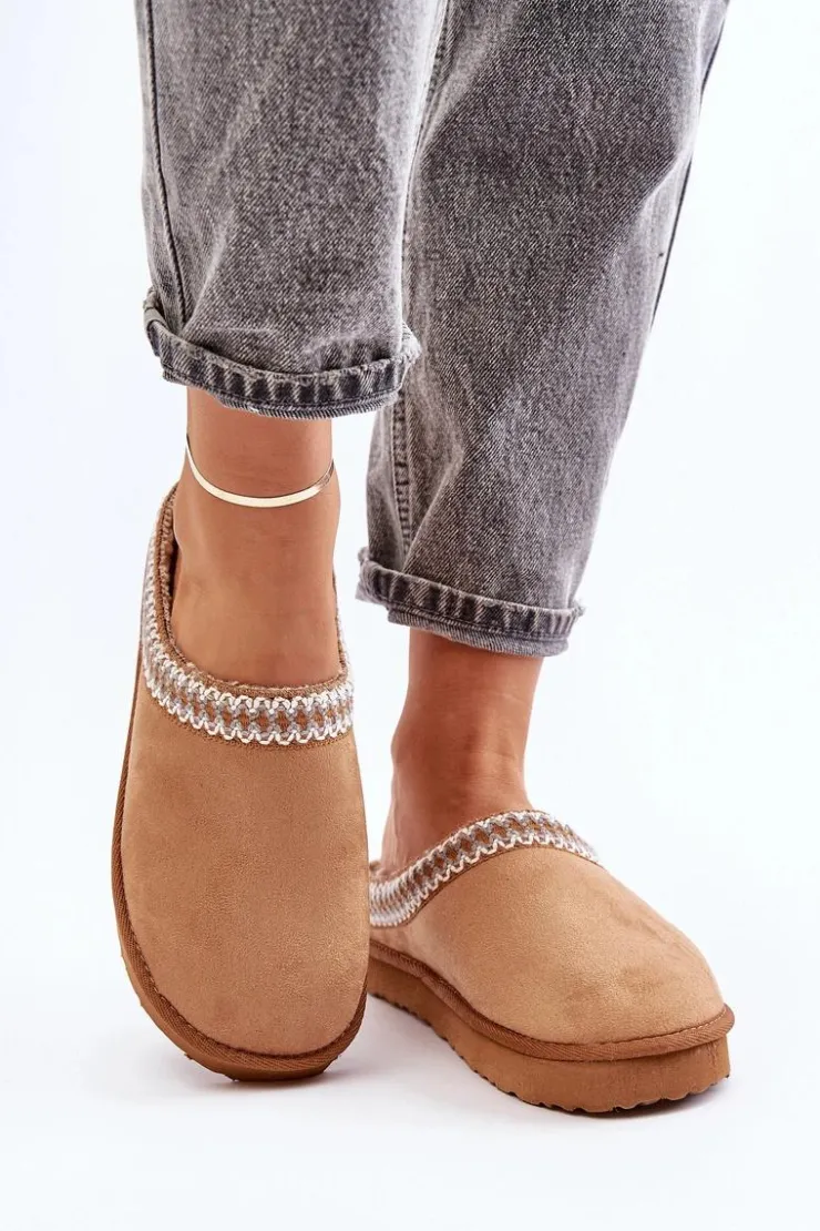 INBLU Kapcie Klasyczne|Klapki Damskie Klasyczne*Wygodne Obuwie Domowe Kapcie Z Haftem Damskie FX000021 Camel Brązowy