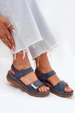 Discount Evento Wygodne Sandały Damskie Na Koturnie Niebieskie Sadevale