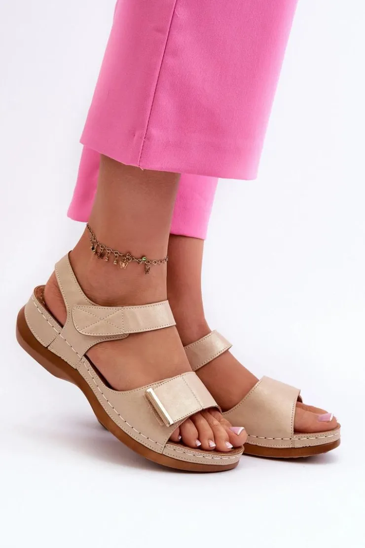 Evento Sandały Na Koturnie|Sandały Płaskie*Wygodne Sandały Damskie Na Rzep Beżowe Iphiope Beżowy