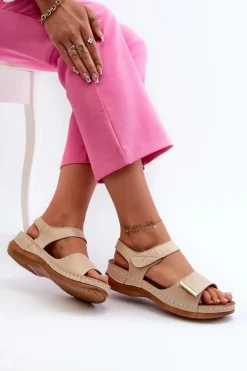 Evento Sandały Na Koturnie|Sandały Płaskie*Wygodne Sandały Damskie Na Rzep Beżowe Iphiope Beżowy