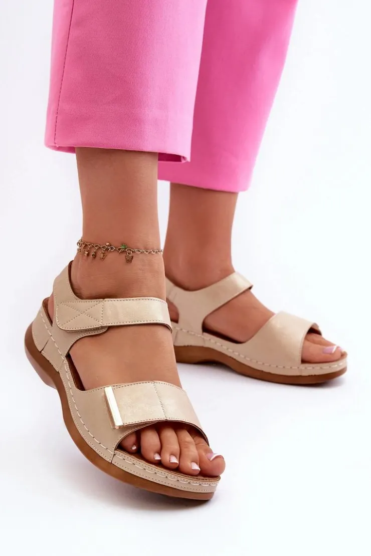 Evento Sandały Na Koturnie|Sandały Płaskie*Wygodne Sandały Damskie Na Rzep Beżowe Iphiope Beżowy