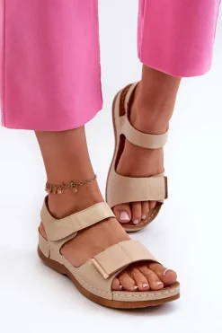 Evento Sandały Na Koturnie|Sandały Płaskie*Wygodne Sandały Damskie Na Rzep Beżowe Iphiope Beżowy