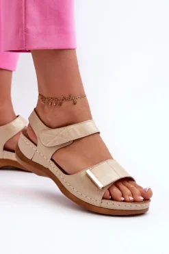 Evento Sandały Na Koturnie|Sandały Płaskie*Wygodne Sandały Damskie Na Rzep Beżowe Iphiope Beżowy