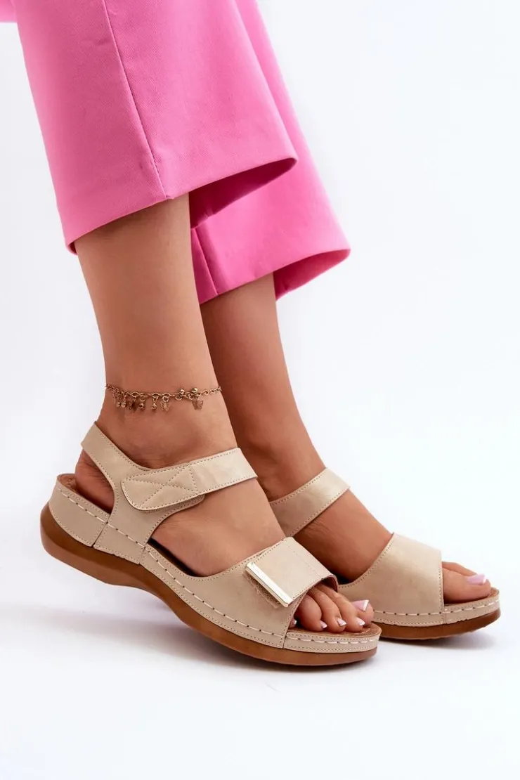 Evento Sandały Na Koturnie|Sandały Płaskie*Wygodne Sandały Damskie Na Rzep Beżowe Iphiope Beżowy