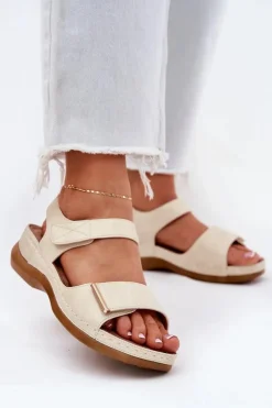 Best Evento Wygodne Sandały Damskie Na Rzep Złote Iphiope Złoty