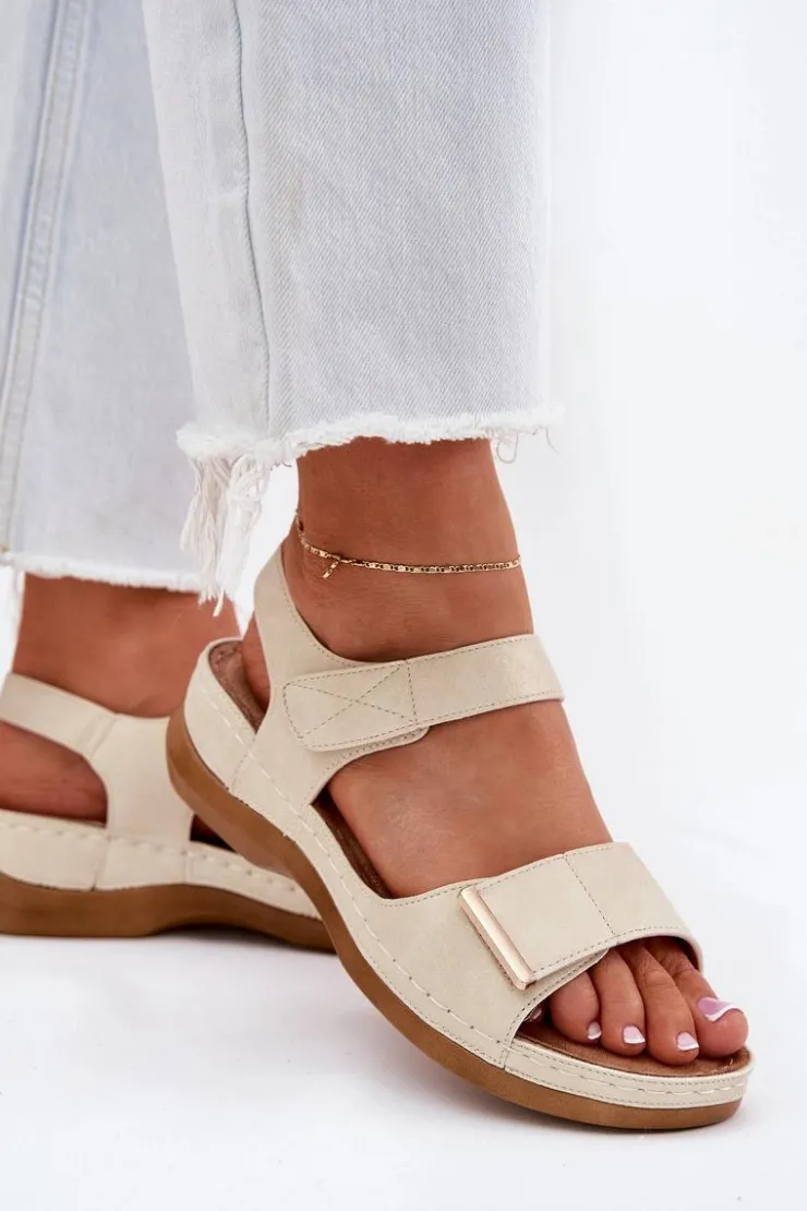 Best Evento Wygodne Sandały Damskie Na Rzep Złote Iphiope Złoty