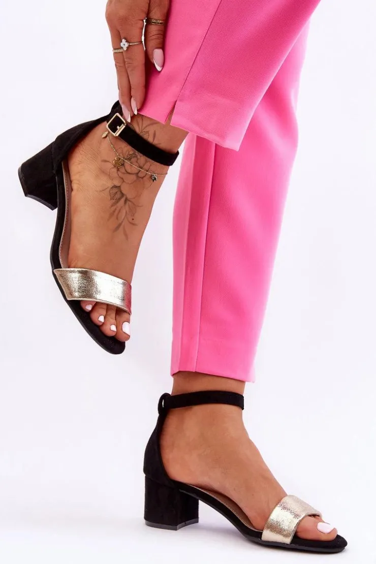 Damskie Evento Wygodne Sandały Na Niskim Obcasie Czarno-Złote Layna