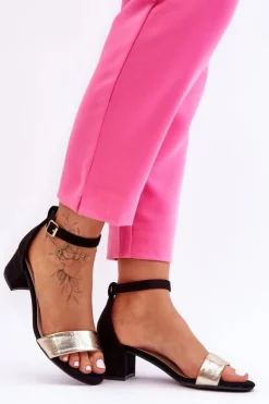 Damskie Evento Wygodne Sandały Na Niskim Obcasie Czarno-Złote Layna