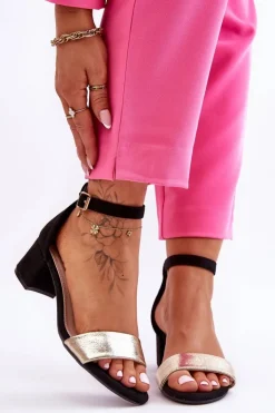 Damskie Evento Wygodne Sandały Na Niskim Obcasie Czarno-Złote Layna