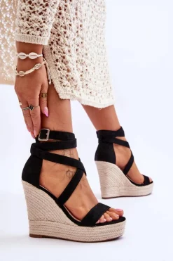 Damskie Boto Wygodne Sandały Na Wysokim Koturnie Czarne Lemira