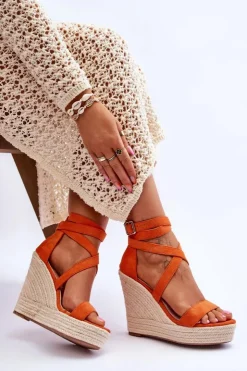 Boto Sandały Na Koturnie*Wygodne Sandały Na Wysokim Koturnie Pomarańczowe Lemira