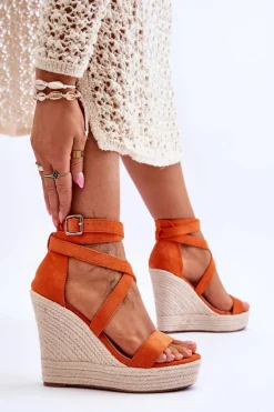 Boto Sandały Na Koturnie*Wygodne Sandały Na Wysokim Koturnie Pomarańczowe Lemira