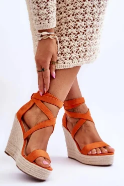 Boto Sandały Na Koturnie*Wygodne Sandały Na Wysokim Koturnie Pomarańczowe Lemira