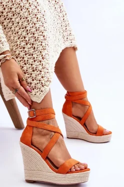 Boto Sandały Na Koturnie*Wygodne Sandały Na Wysokim Koturnie Pomarańczowe Lemira